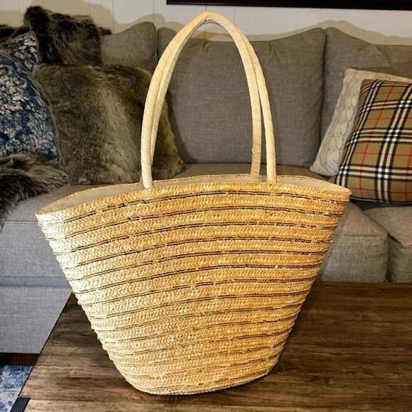 Cappelli Staw Summer Large Lined Tote Bag w/Gold Sequins Zipper Closure - Picture 1 of 16